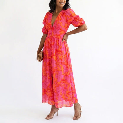 Lindsay | Women's Elegant Puff Sleeve Floral Summer Dress