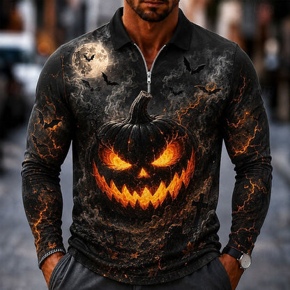 Malcolm | Men's Halloween Quarter Zip Long-Sleeve Polo Shirt with Graphic Print