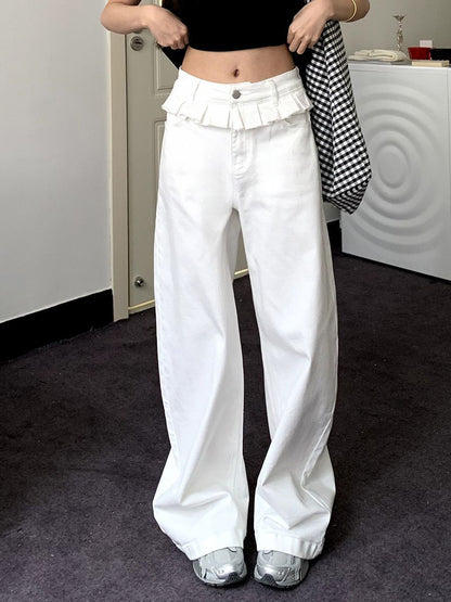 Rachel | Women's White Ruffled Waist Detail Wide Leg Jeans