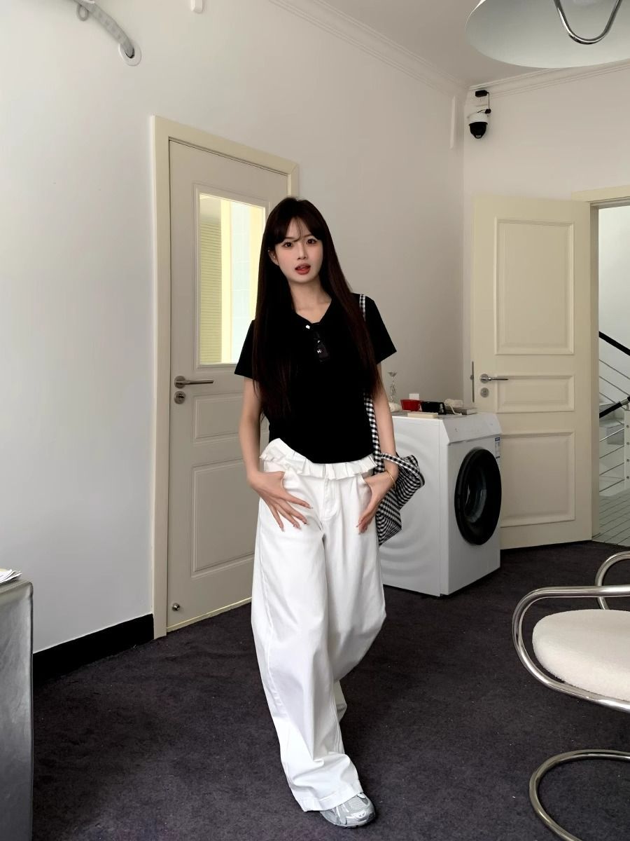 Rachel | Women's White Ruffled Waist Detail Wide Leg Jeans