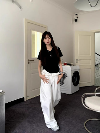 Rachel | Women's White Ruffled Waist Detail Wide Leg Jeans
