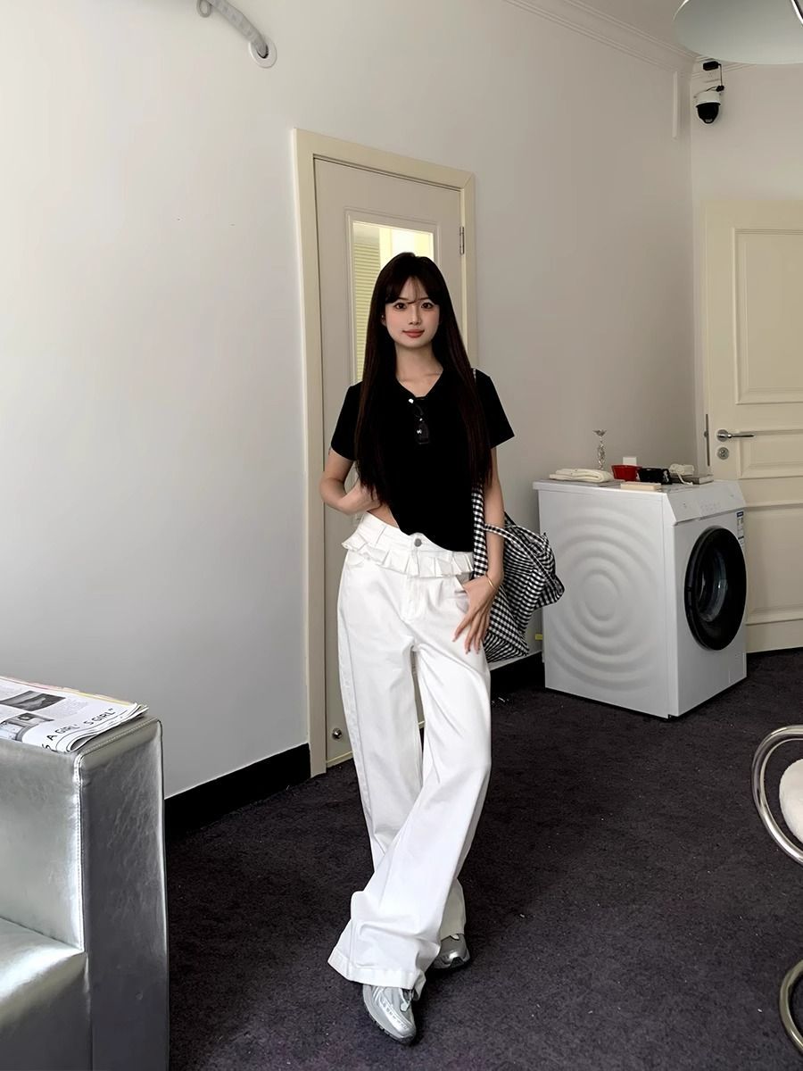 Rachel | Women's White Ruffled Waist Detail Wide Leg Jeans