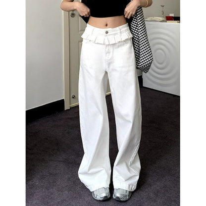 Rachel | Women's White Ruffled Waist Detail Wide Leg Jeans
