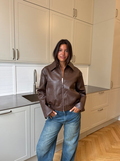 Rebecca | Women's Brown Leather Zip-Up Coat