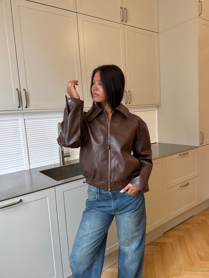 Rebecca | Women's Brown Leather Zip-Up Coat