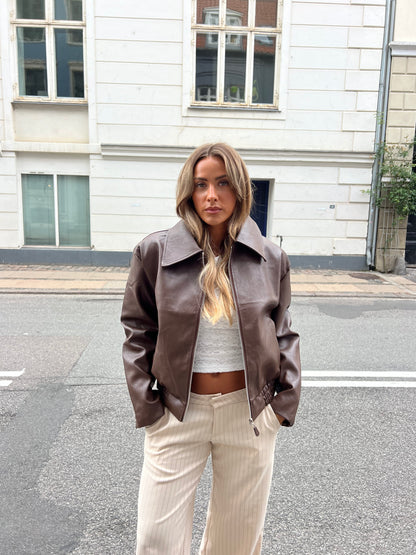 Rebecca | Women's Brown Leather Zip-Up Coat