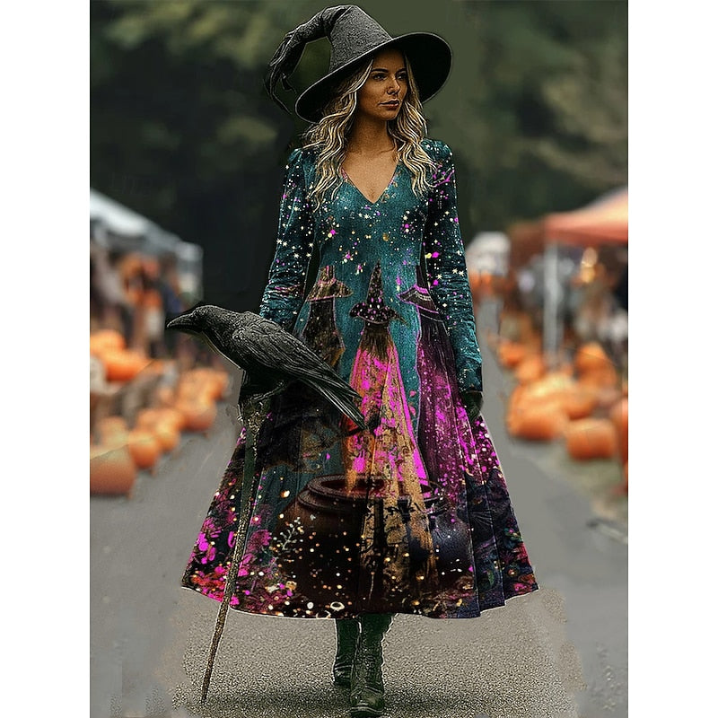 Hannah | Women's Halloween Witch Print A-Line Maxi Dress