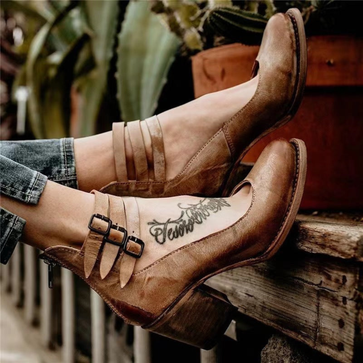 Sarah | Women's Leather Buckle-Strap Block-Heel Ankle Boots