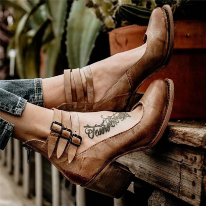 Sarah | Women's Leather Buckle-Strap Block-Heel Ankle Boots