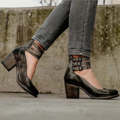 Sarah | Women's Leather Buckle-Strap Block-Heel Ankle Boots