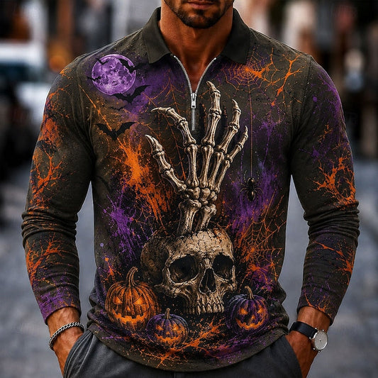 Malcolm | Men's Halloween Quarter Zip Long-Sleeve Polo Shirt with Graphic Print
