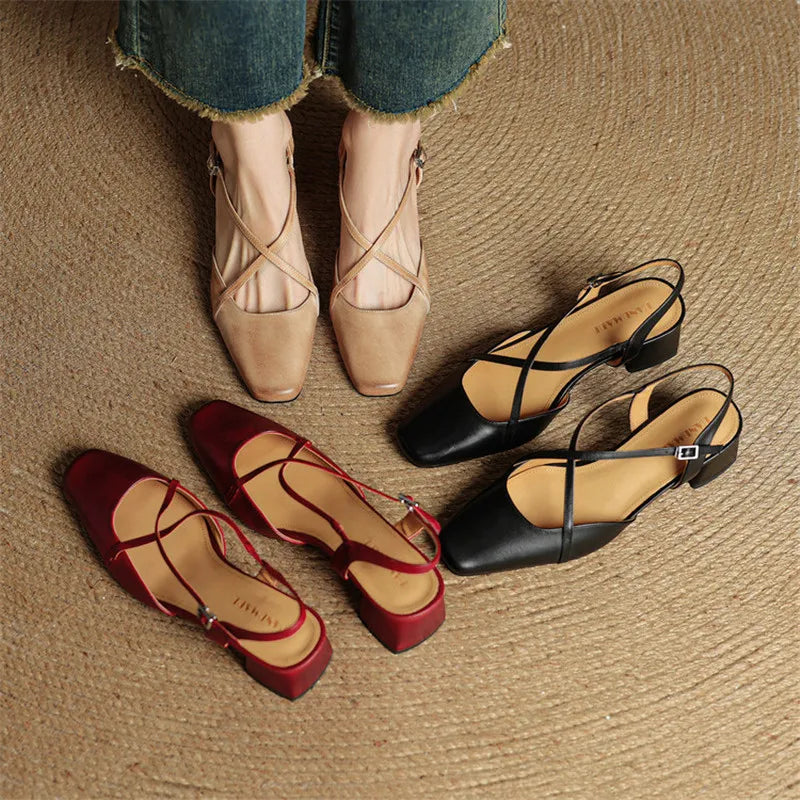 Susan | Women's Vintage Low Block Heels with Cross Straps