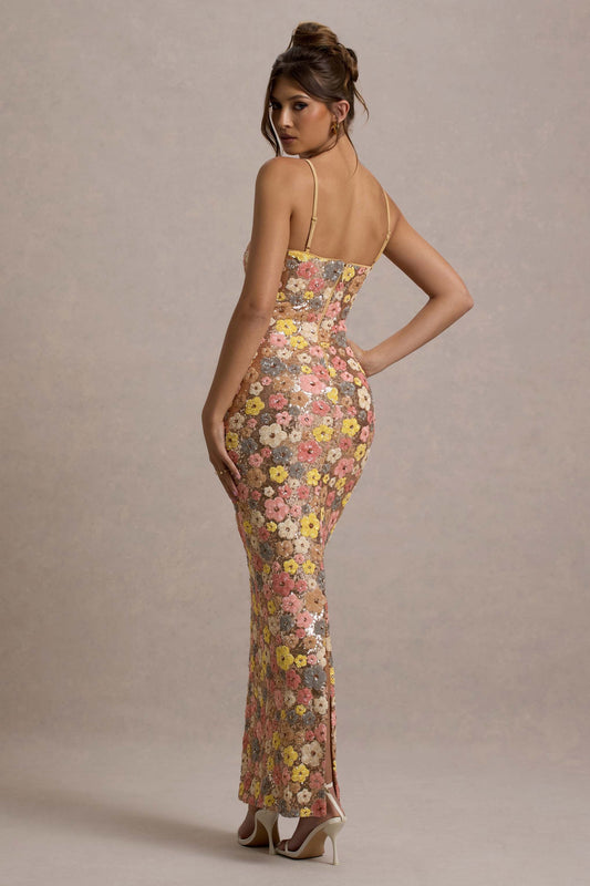 Helen | Women's Floral Glitter Bodycon Maxi Dress