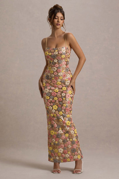 Helen | Women's Floral Glitter Bodycon Maxi Dress