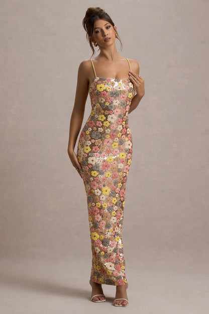 Helen | Women's Floral Glitter Bodycon Maxi Dress
