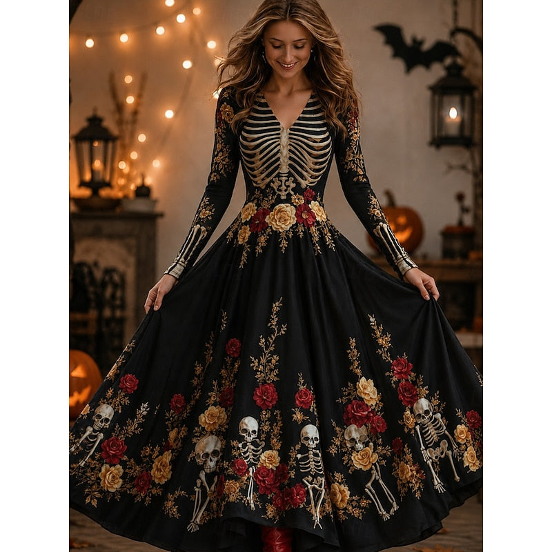 Imogen | Women's Halloween Long Sleeve Skeleton Print Maxi Dress
